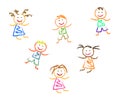 Various children are having fun on a white background. Children`s drawing. Vector